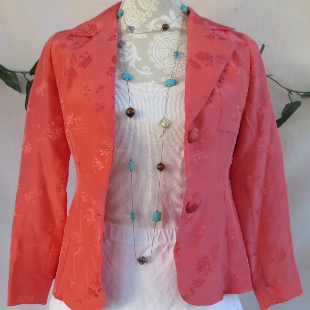 Vintage Jacket Coral Orange Fitted Dressy Asian Floral Brocade Blazer Size SP